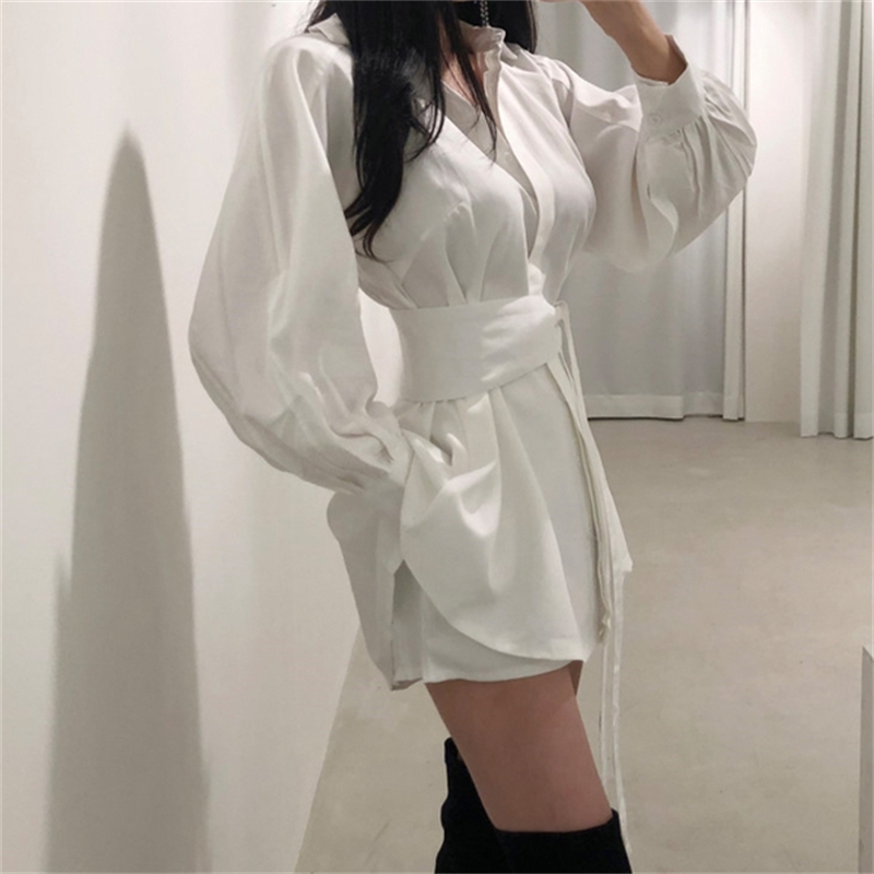 Spring Women Two Pieces Sets Causal Long Sleeve Sashes Slim Waist Blouse Shirt + Wide Leg Short 2PCS Suit 210506