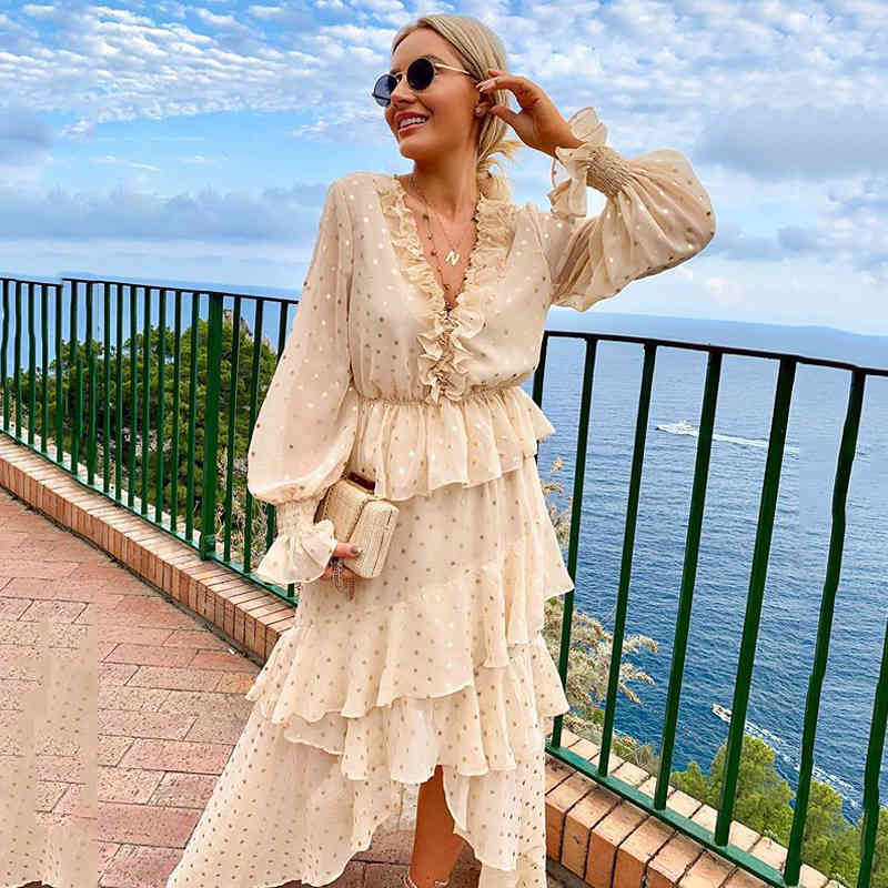 Foridol gold polka dot vintage party dress women autumn winter long sleeve ruffle slit long dress elegant ladies maxi dress 210415