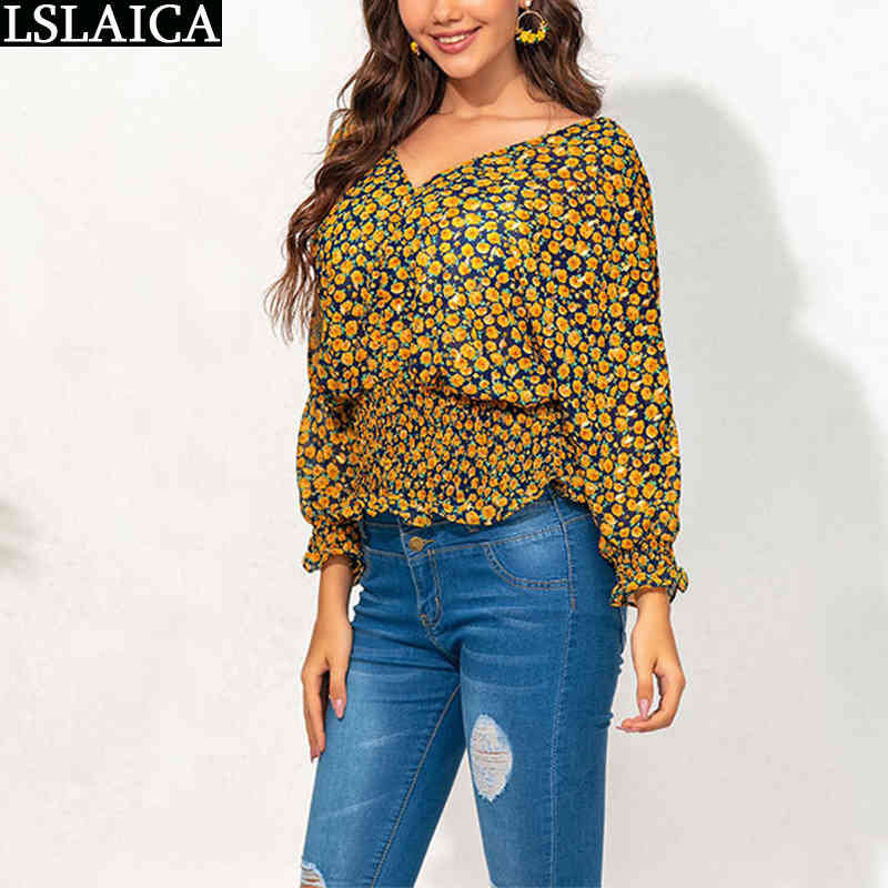 Women Shirts Blouses Fashion Floral Print Long Sleeve V Neck Female Tops Sexy Plus Size Autumn Casual Office Lady Blusas 210520
