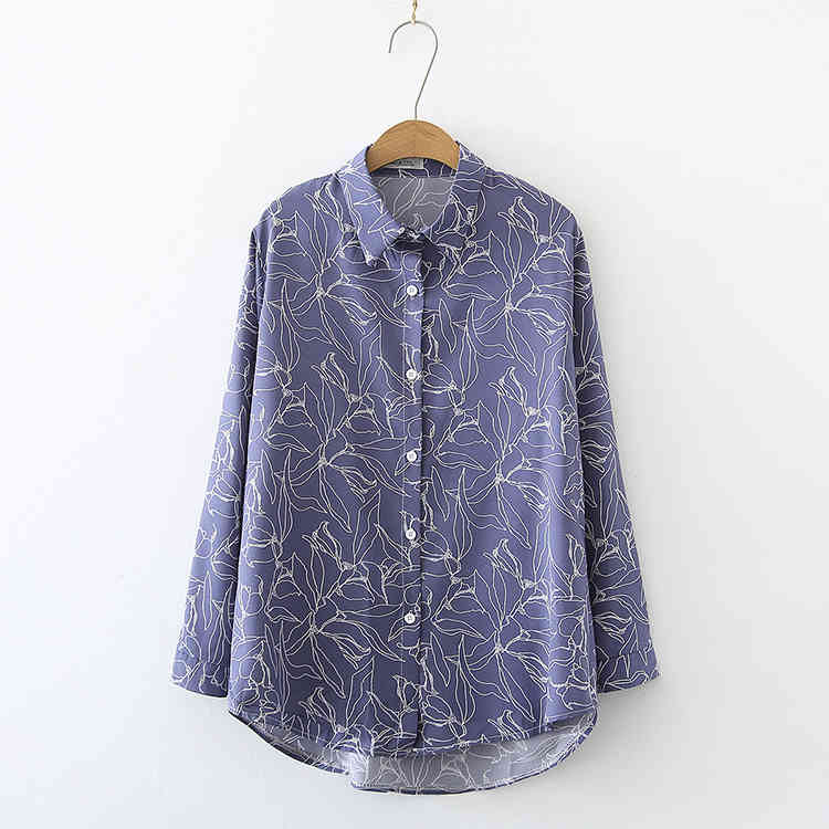 Women Shirts Blusas Feminine Spring Cotton Flower Long Sleeve Shirt Printing Pendulous Chiffon Top Female clothes 707G 210420