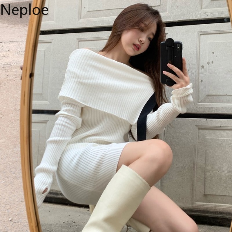 Neploe Sexy Slash Neck Knitted Dress Off Shoulder Long Sleeve Slim Fit Vestidos Fall Cothes Robe Bodycon Mini Dresses for Women 210422