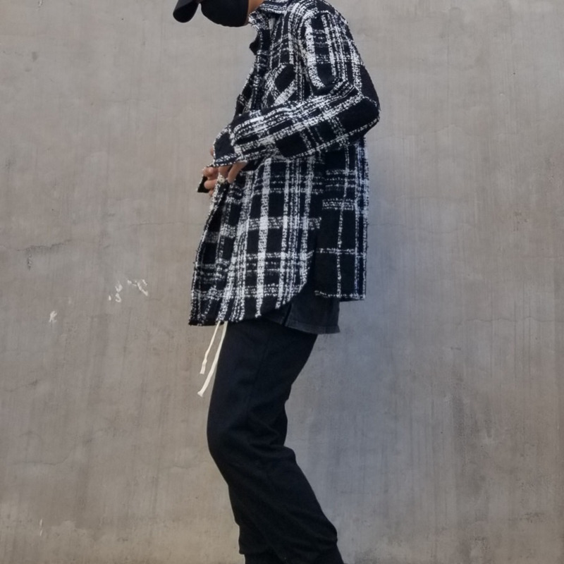 IEFB /Vintage men's cltohing tide new black white striped printting Woolen Shirt for Male famale Oversize loose tops 9Y2822 210410