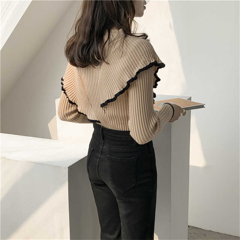 HziriP OL Basic Bottoming Knit Sweater Korean Style Flounced Stitching Pullover Sweaters Slim Warm Thick Knitted Tops 211018