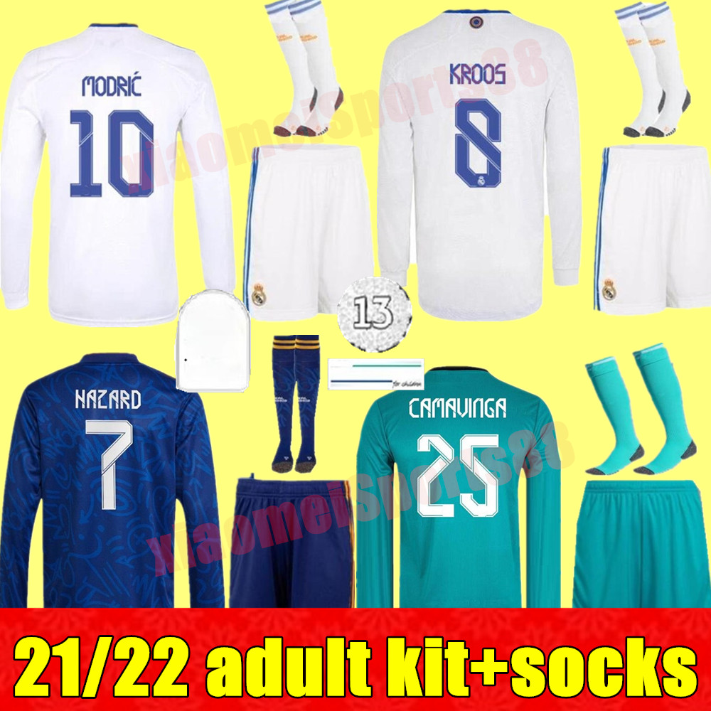 

adult kits Long sleeve REAL MADRID soccer jerseys 21 22 home away 3rd ALABA HAZARD BENZEMA ASENSIO MODRIC MARCELO camiseta Men kit 2021 2022 football shirt, 3rd+champion patch