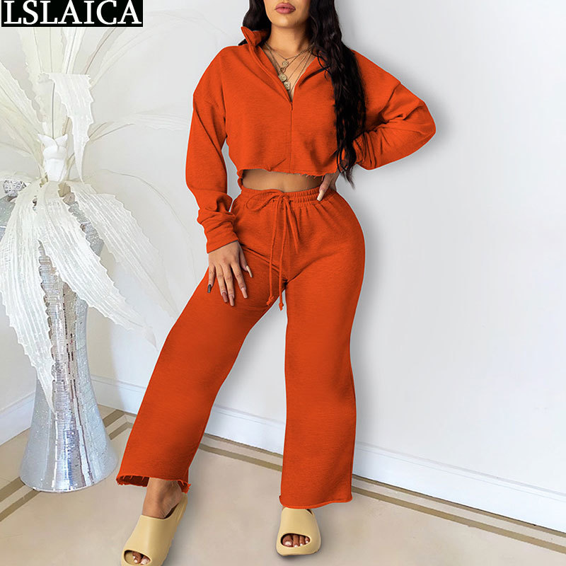 Casual Tracksuit Outfits Long Sleeve Zipper Crop Tops Strappy Loose Pants 2 Peice Sets for Women Solid Plus Size Autumn Conjunto 210515