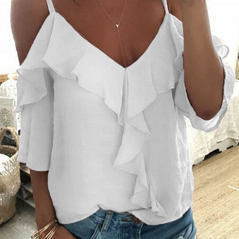 Off Shoulder Top Blouse Women Half Sleeve Spaghetti Strap Ruffle Womens Tops And Blouses Summer White Shirt Blusa 210607