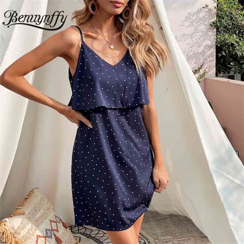 V-neck Ruffle Beach Spaghetti Strap Dresses Women Sexy Backless Sleeveless Polka Dot Mini Dress Summer Clothes 210510
