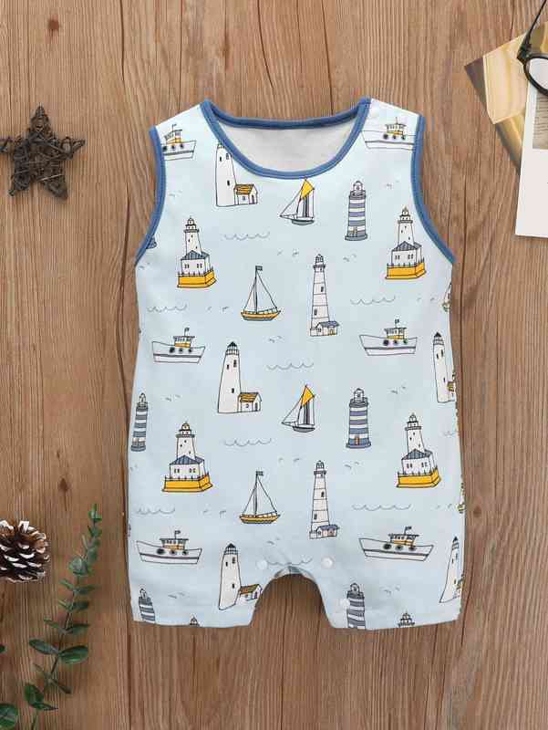 Baby Lighthouse And Boat Print Contrast Binding Romper SHE