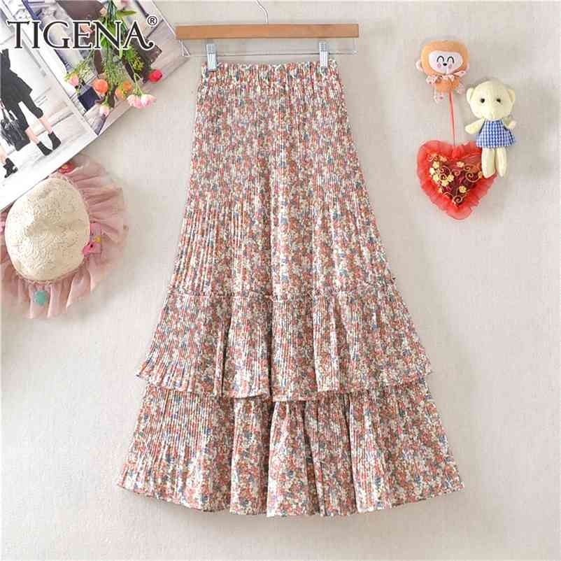 TIGENA Floral Print Chiffon Midi Long Skirt Women Summer Cute Tiered A Line High Waist Pleated Mid-length Female Lady 210621
