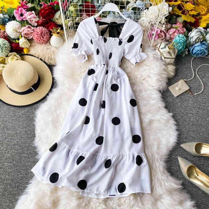 Dot Women Dress Summer Short Sleeve Bow Tie Sqaure Collar Vestidos Femme Korean High Waist Ruffle Dresses 210422