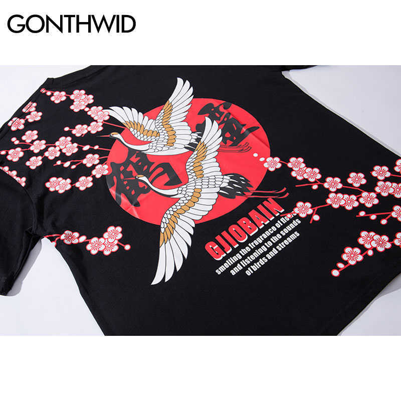 GONTHWID Chinese Crane Flowers Print Tshirts Harajuku Hip Hop Casual Streetwear T Shirts Tops Hipster Short Sleeve Tees Male 210629