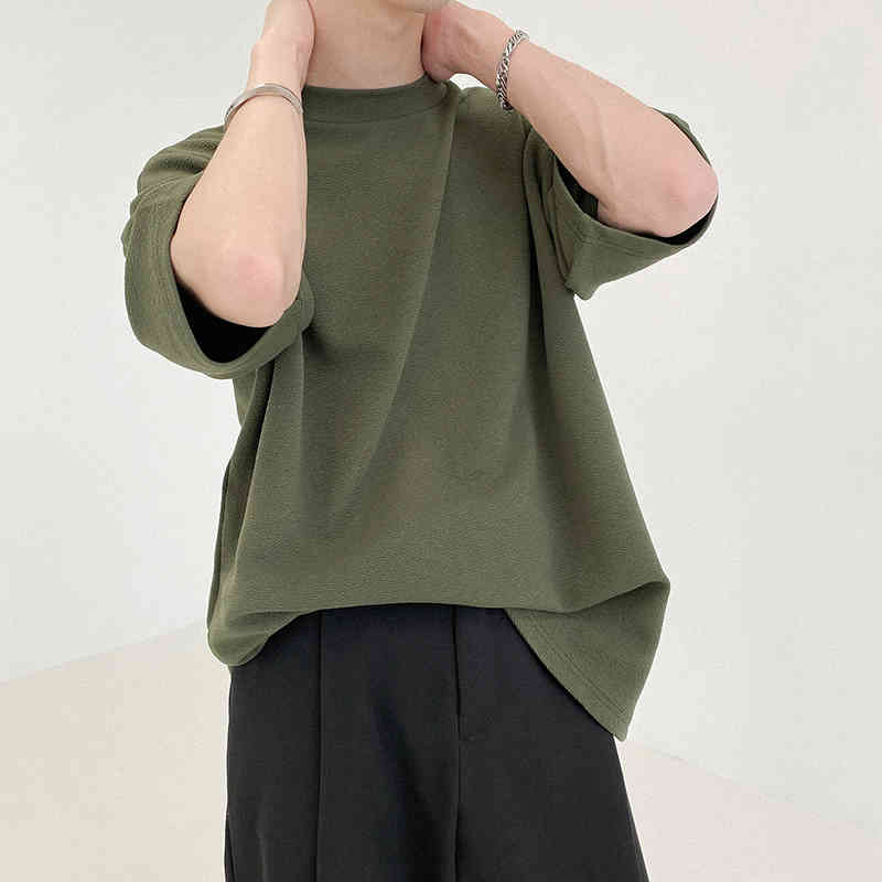 IEFB Chiffon Short Sleeve T-shirt For Men Loose Army Green Tee Summer Trend Korean Fashion Loose Big Size Tops 9Y6980 210524