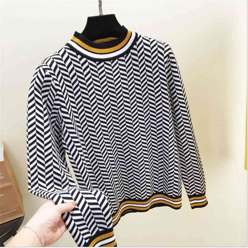 Qooth Women O-neck Sweater England Style Plaid Knitting Swallow Gird Retro Vintage Knitted Pullovers Jumper QH1877 210609