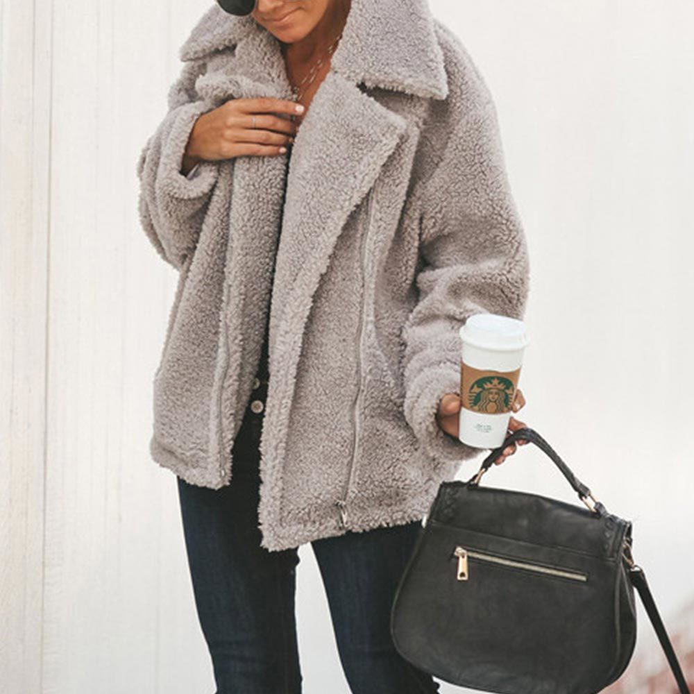 Causal England Style Overcoats Women Winter Elegant Faux Fur Jackets Thick Warm Zipper Up Teddy Plus Size Outwear 210428