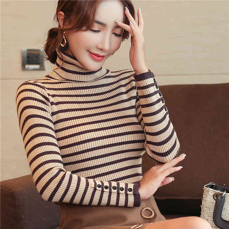 Womens Sweaters Winter Ladies Tops For Women Turtleneck Sweater Pullovers Computer Knitted Striped Korean 6354 90 210415