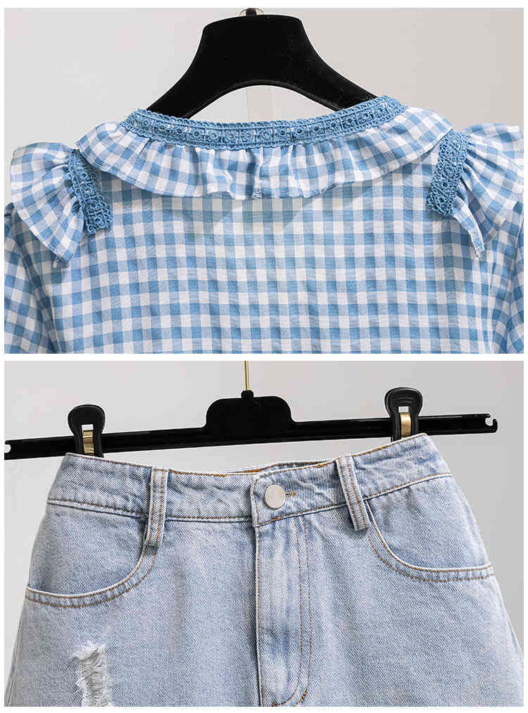 Korean Summer 2 Piece Set Fashion Plaid Ruffles Embroidery T-Shirt V-Neck Shirt Top + High Waist Denim Mini Skirts Suit 210519