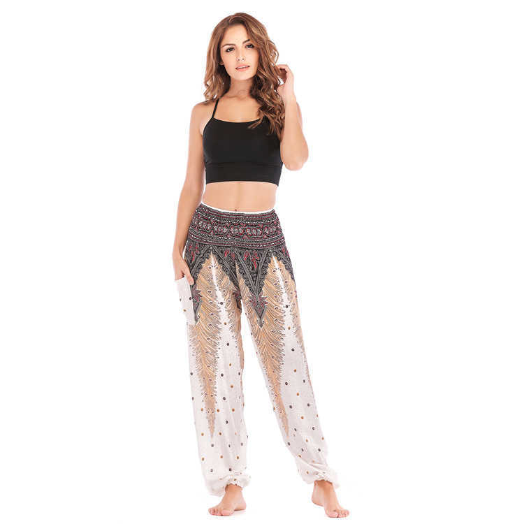 Thailand Peacock Feather Print High Waist Pants For Women Elastici Pocket Harem Woman Jogger Casual Baggy 210604