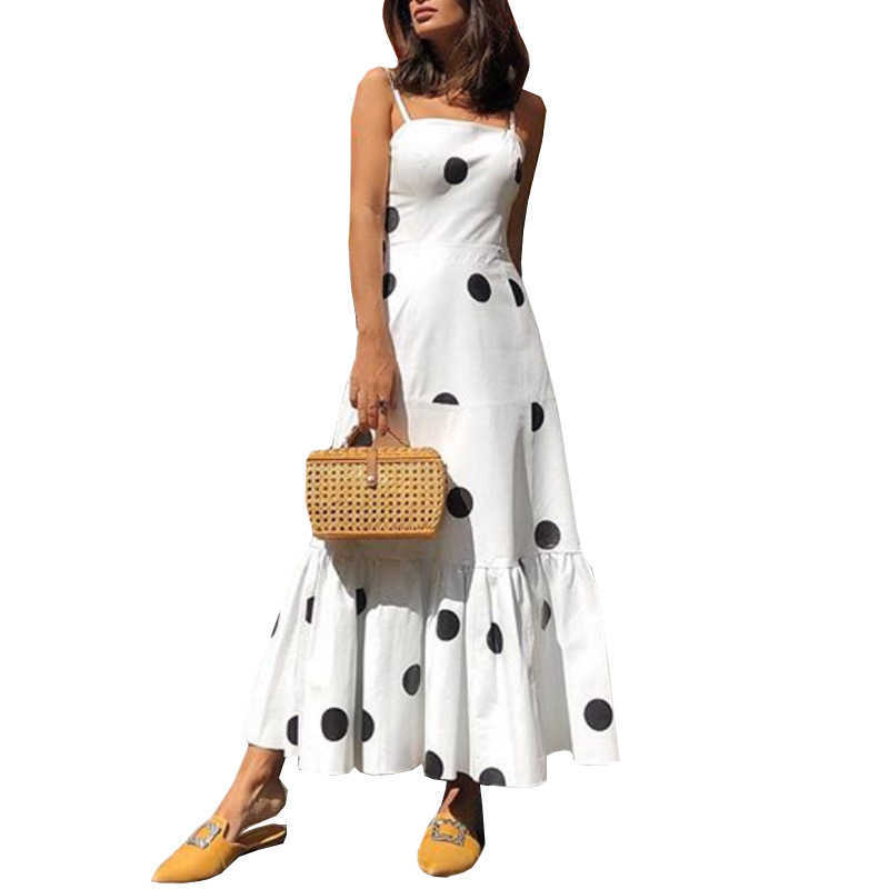 Women Dress Dot Print Bohemian Spaghetti Strap es Loose Leisure Maxi Plus Size Long Summer Beach es 210524