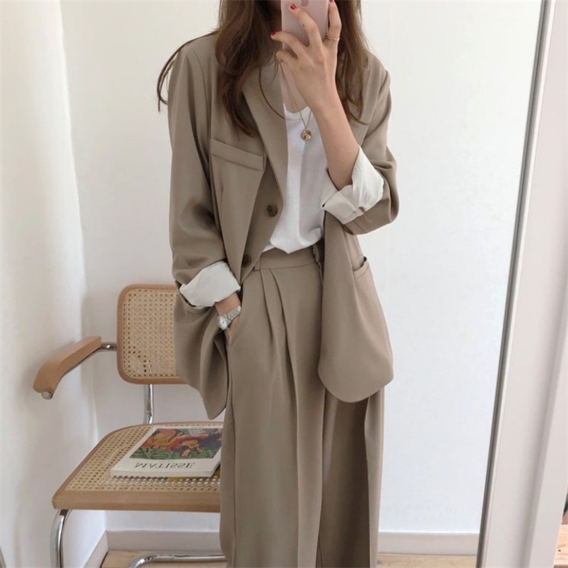 Korea Chic Spring Two-Piece Set Office Ladies Casual Blazers+High Waist Straight Long Trousers Women Fashion Pant Suits 210519