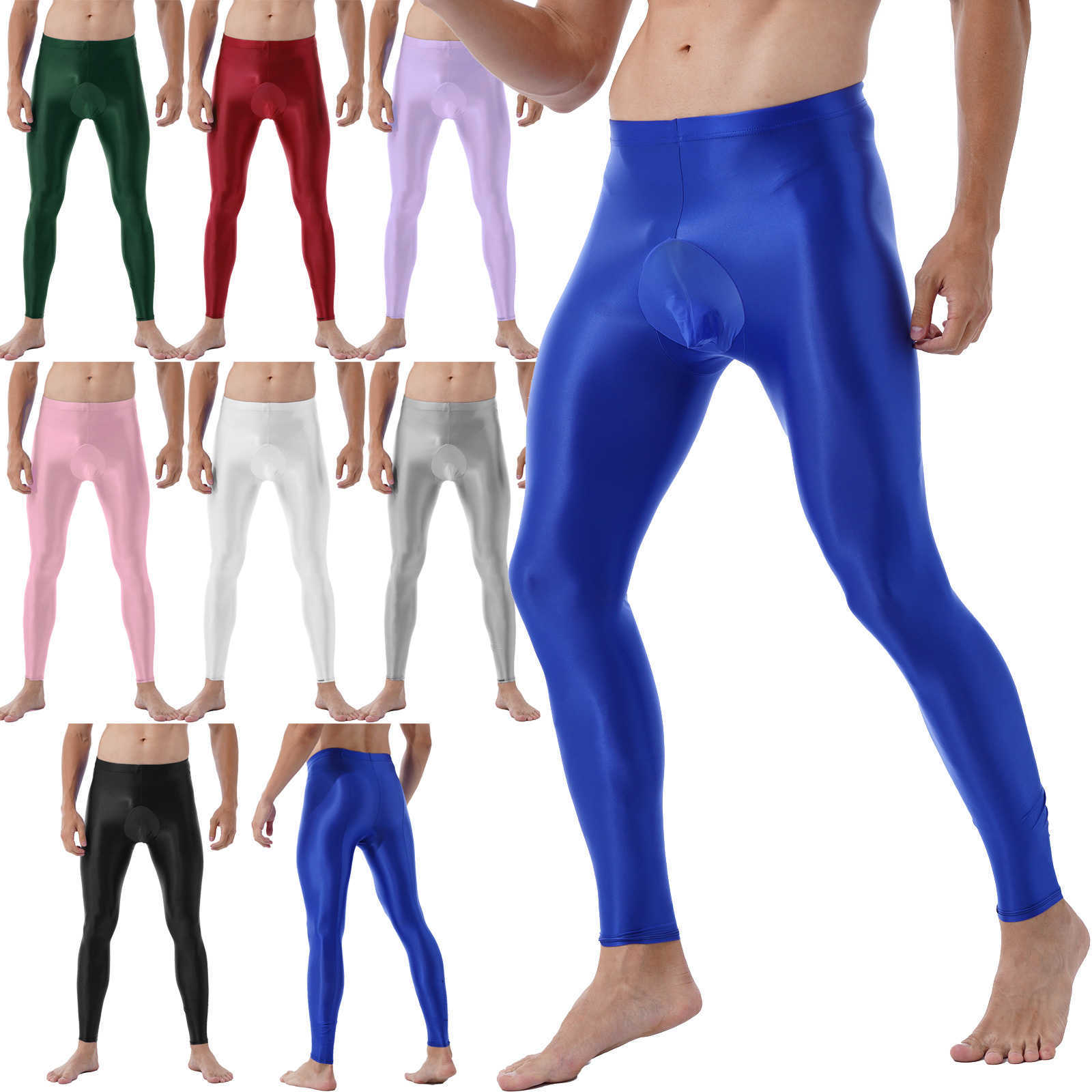 Mens Solid Color Glossy Pants Comfortable Bulge Pouch Pants Mid Elastic Waistband Stretchy Leggings Exotic Skinny Pants Y0811