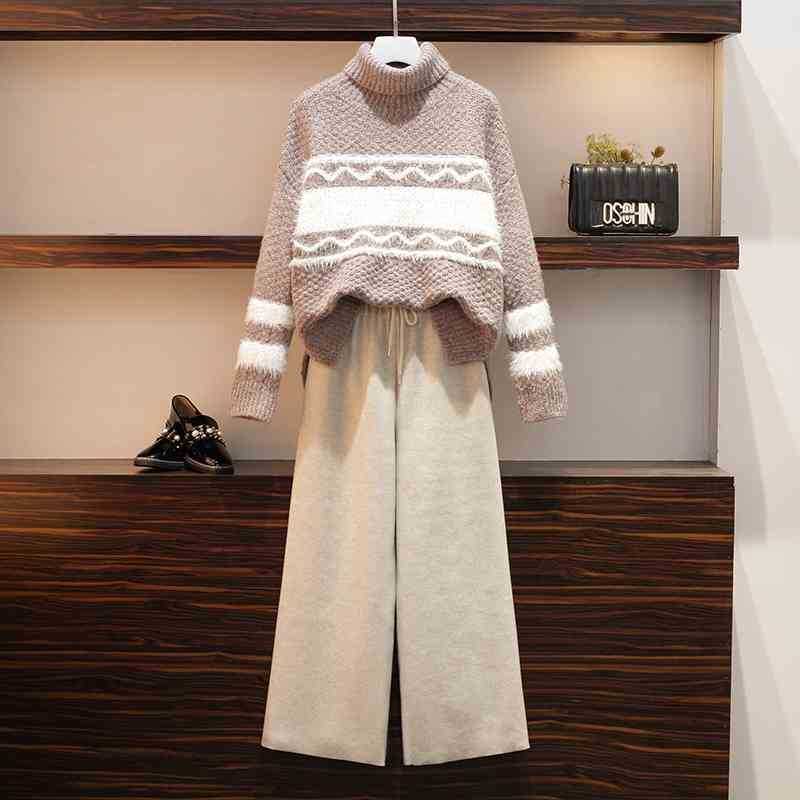 Fashion Casual Warm Turtleneck Mohair Trim Striped Sweater and High waist Elastic Wide leg Woolen Pants 2 Piece Sets Women 210525, Blue
Fashion Casual Warm Turtleneck Mohair Trim Striped Sweater and High waist Elastic Wide leg Woolen Pants 2 Piece Sets Women 210525, Blue