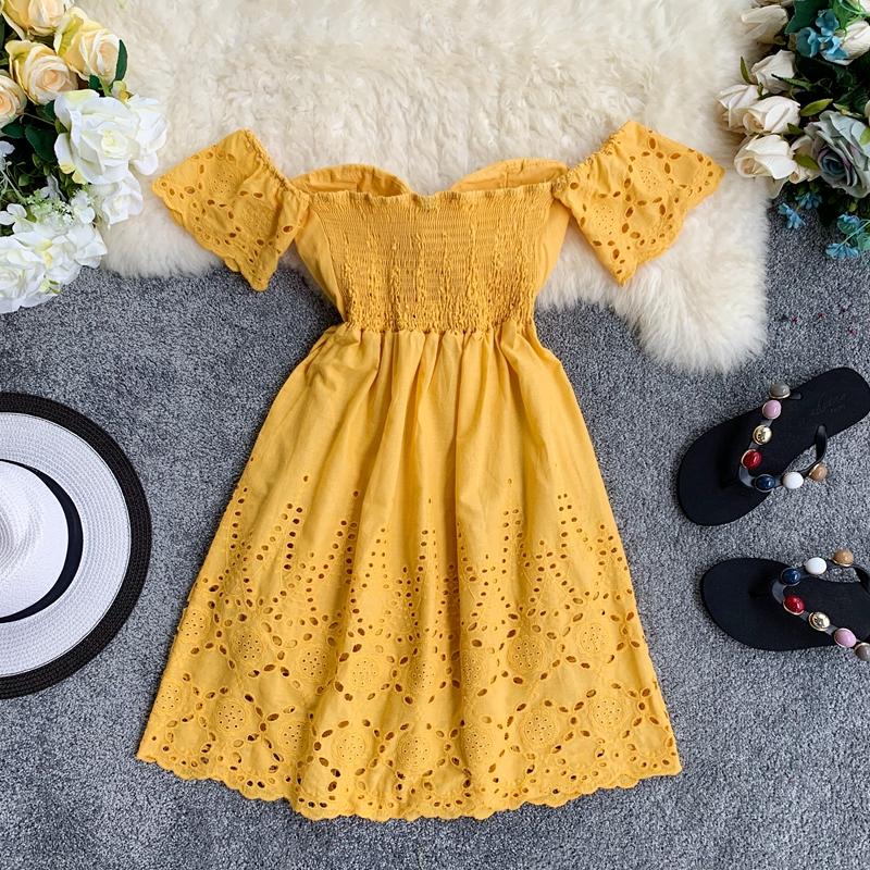 Women Beach Dress Fashion Summer Sexy Hollowing Out Off Shoulder White Female Loose A-line Robe Vestidos Mujer Casual Dresses