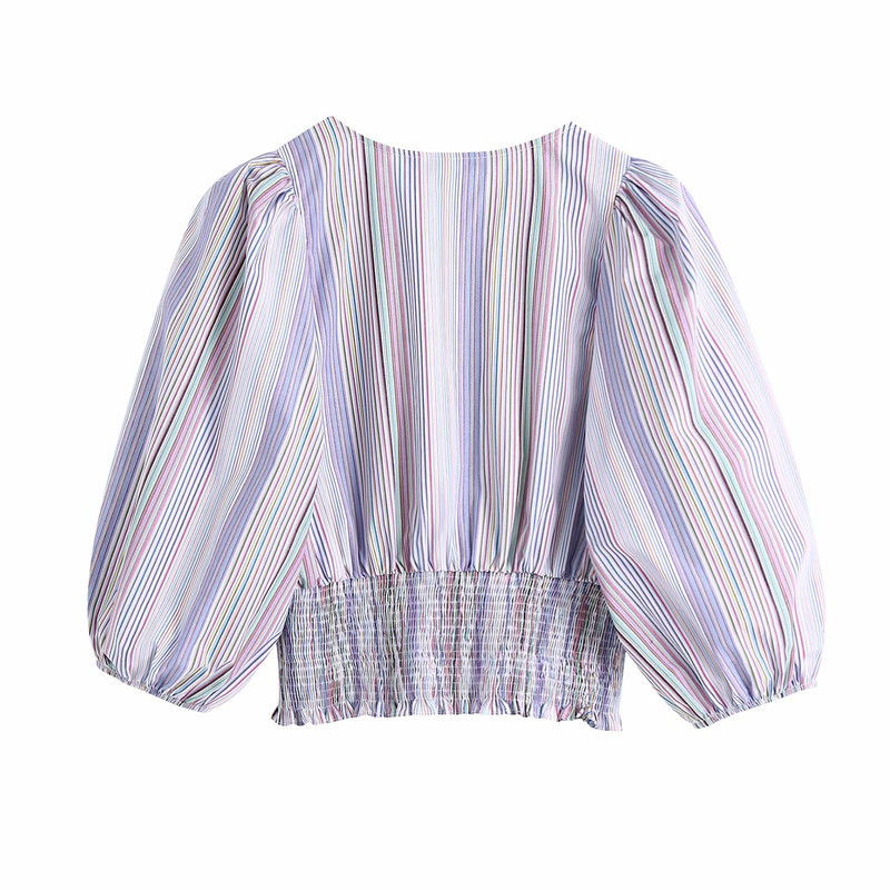 Sweet Women V Neck High Waist Blouse Spring-autumn Fashion Ladies Street Female Shirt Puff Sleeve Stripes 210515