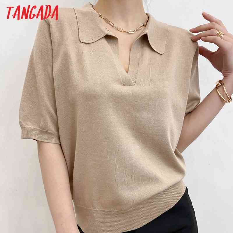 Women Fashion Khaki Knitted Sweater Jumper Short Sleeve Summer Female Pullovers Chic Tops AI48 210416