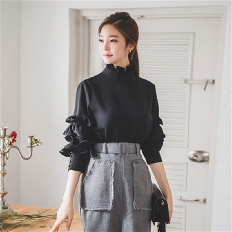 High QUALITY Spring Fashion Women's Long Sleeve Black Tops Elegant Femininity Ropa Mujer 210520