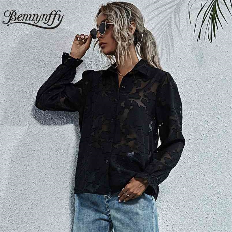 Turn-down Collar Button Up Sheer Blouse Spring Summer Women Black Sexy Shirt Long Sleeve Flower Applique Top 210510