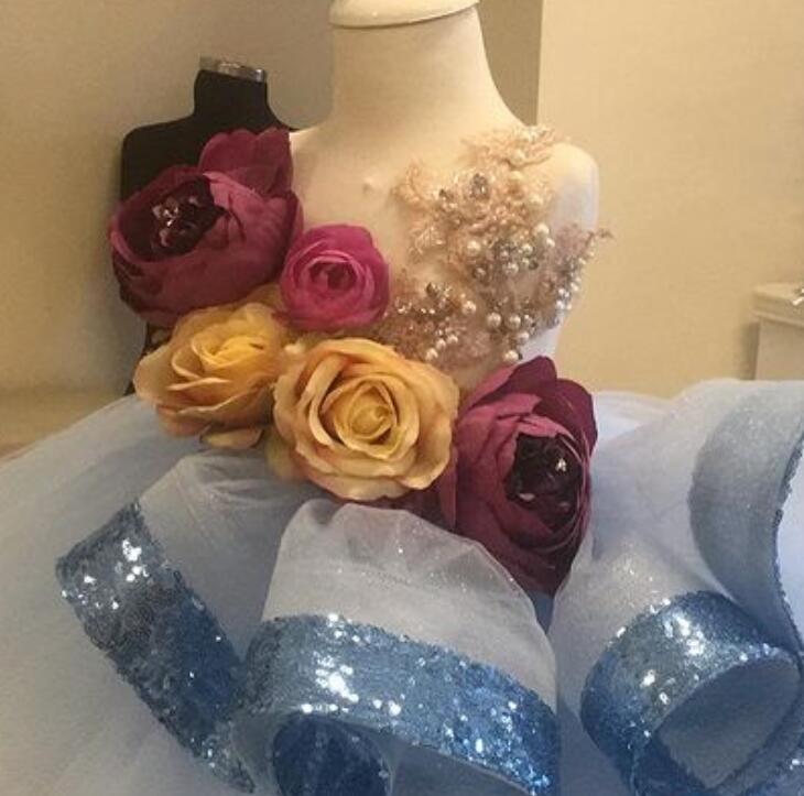 2021 Sheer Neck Crystals Flower Girl Dresses Ball Gown Hand Made Flowers Tulle Lilttle Kids Birthday Pageant Weddding Gowns