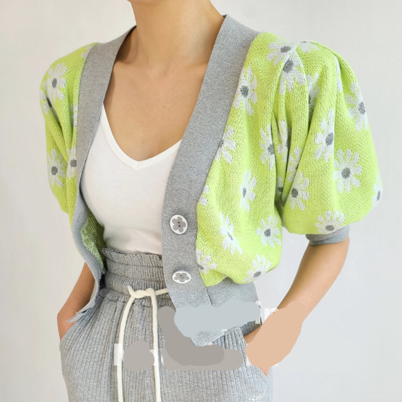 Lucyever Chic Floral V-neck Knitted Cardigan Women Summer Vintage Puff Short Sleeve Cropped Tops Female Fashion Elastic Shirts 210521wtt