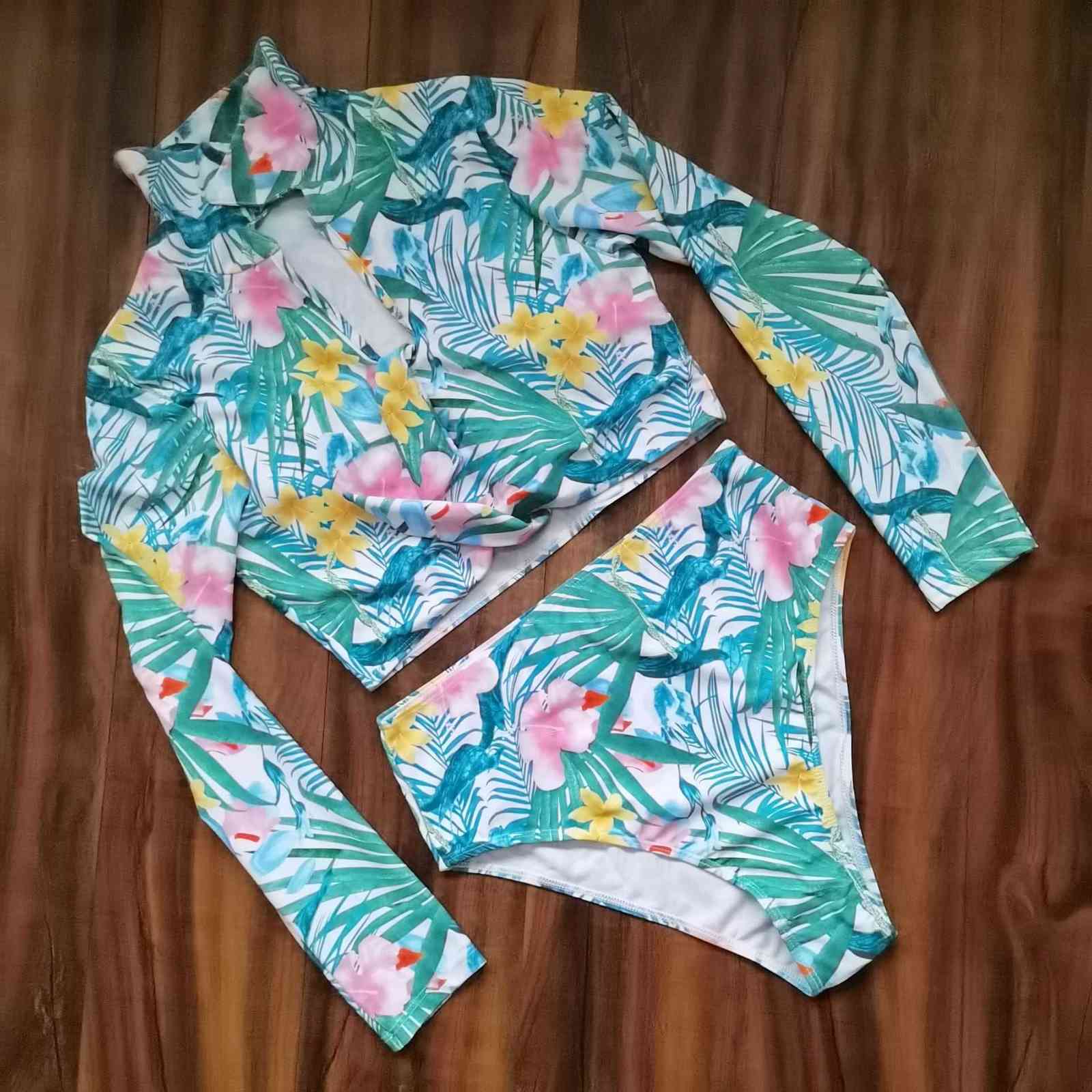 S-5XL Plus Size Swimsuit Two Piece Swimwear Women Leaf Print Monokini High Waist Bathing Suit Summer Long Sleeve Beachwear 210625