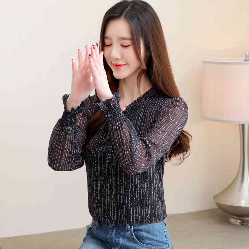 Fashion Spring V-neck Print Shirt Black Elegant Top Arrival Long Sleeve Chiffon Blouse Plus Size Tops 8218 50 210506