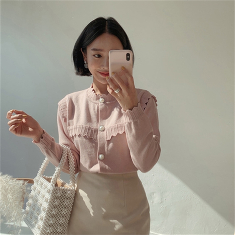 Autumn Korean Knitted Cardigans Tops Women Long Sleeve Pearl Buttons Single-breasted Ruffles Vintage Elegant Sweaters Femme 210514