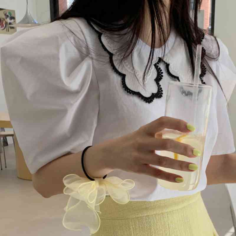 Nomikuma Womens Tops Lace Hit Color Peter Pan Collar Blouse Causal Sweet Puff Sleeve Korean Chic Elegant Blusas Shirt 6H274 210427