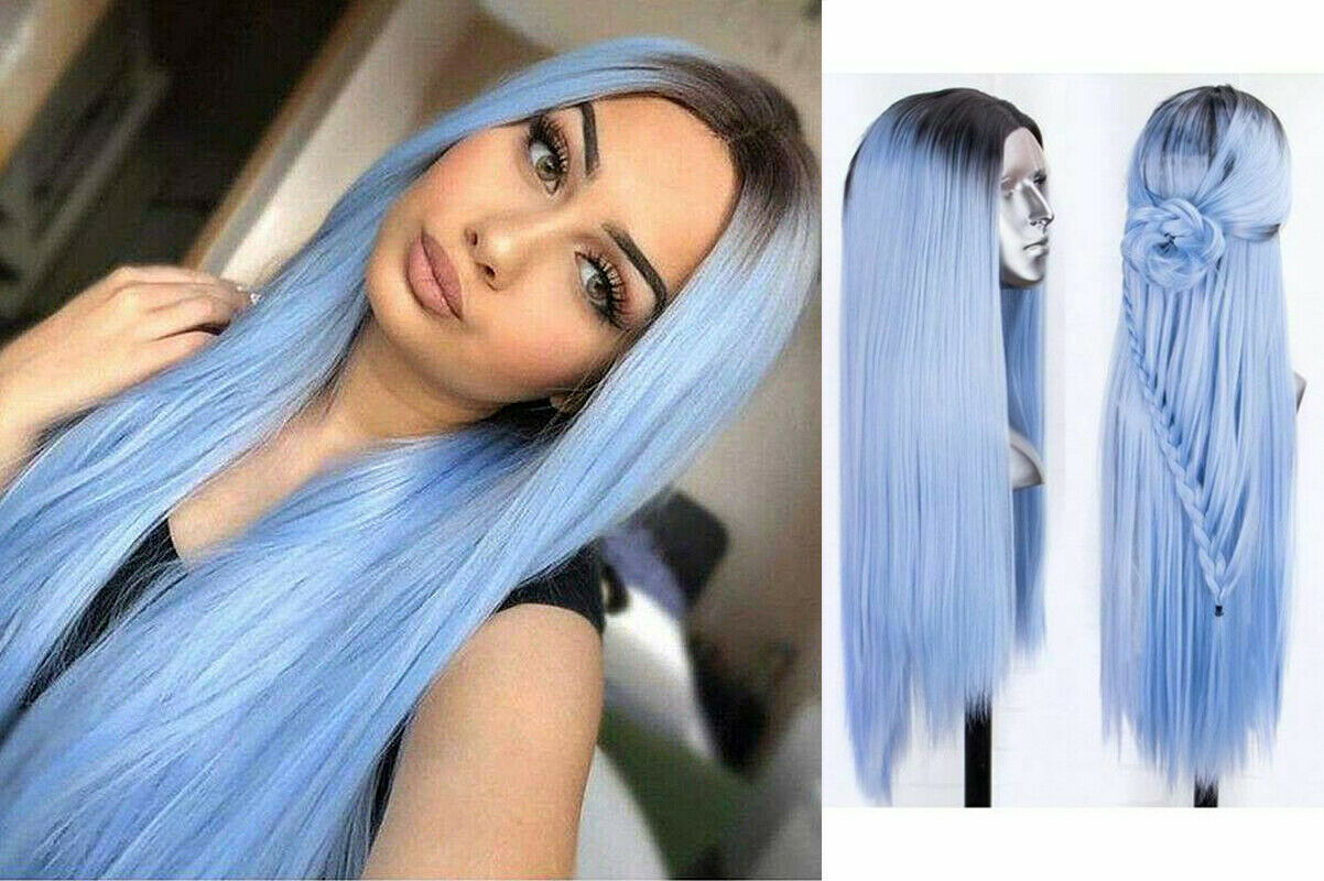 28'' Synthetic Hair Wig Long Straight Wigs Heat Safe Ombre Mint Blue Synthetic