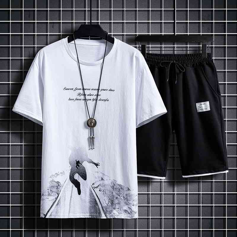 Summer Set Men Hip Hop Fashion 2 PCS Outfits Short Sleeve Sportsuits Men Casual Print T-shirt+Short Harajuku Male Tracksuit 210603
