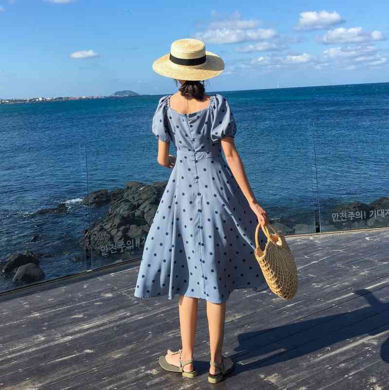 Summer Casual Dot Print Knee Length Dress sexy female dresses Sweet beach Holiday dress 210514