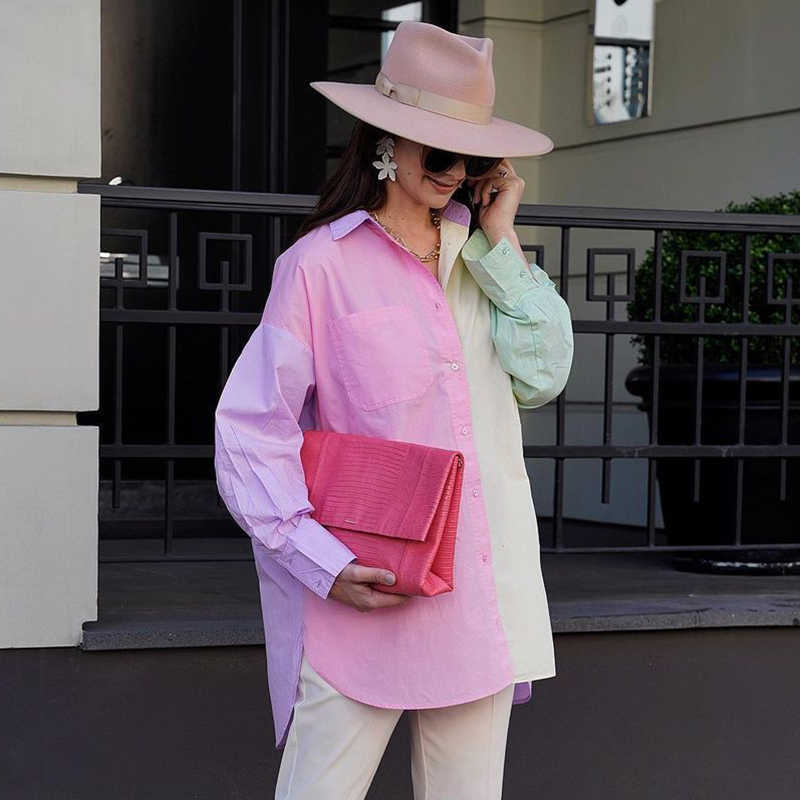 Vintage Women Patchwork Poplin Loose Shirts Summer Fashion Ladies Casual Shirt Party Female Chic Oversize Tops Stylish 210527