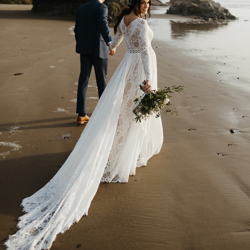 Hippie Boho Beach Wedding Dress Chiffon Seaside Long Sleeve Elopement Backless Bride Dresses Big Size Photoshoot V Neck Lace Bridal Formal Gowns Maria