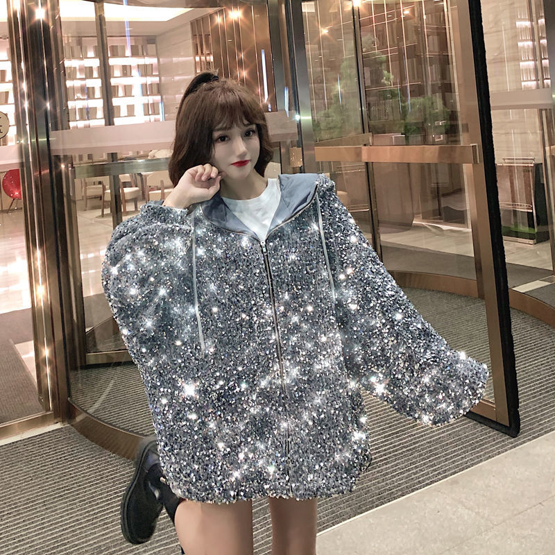 Wonder Shiny Sequined Long Sleeve Jacket Hooded Drawstring Loose Jackets Woman Casual Pocket Winter Coats 210510