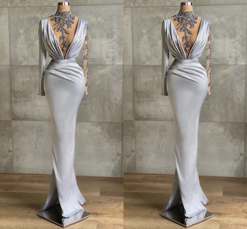 2022 Mermaid Silver Sleeves Evening Dress Elegant New Sheer High Neck Cryatal Beads African Women Prom Formal Gowns Robe De Soiree Vestidos Longo