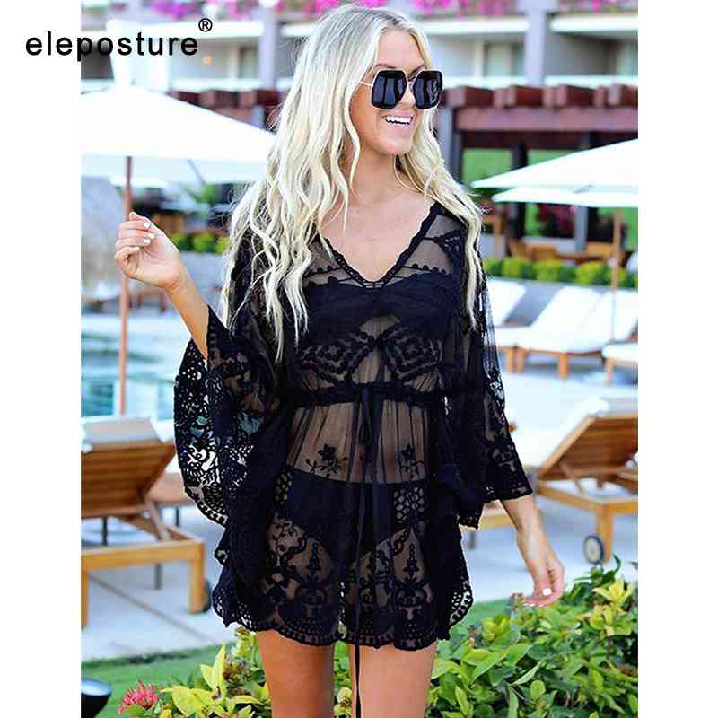 Sexy Mesh Beach Cover Up Lace Dress Women Bikini Swimsuit Cover-Up Long Sleeve Tunics Bathing Suits Cover-Ups 210521