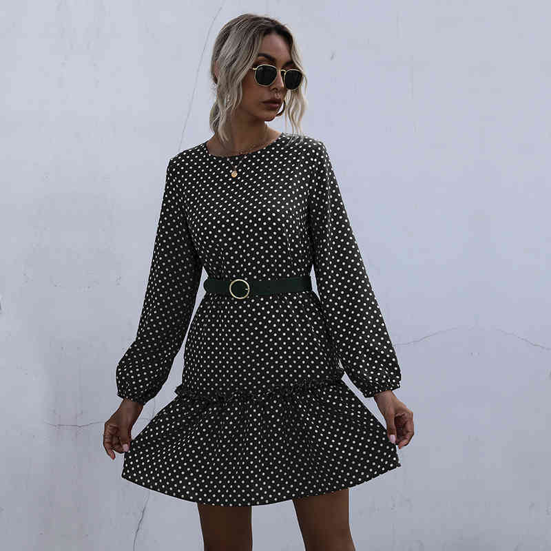 Fashion Short Dot Print Dress Women Casual O Neck Lantern Sleeve Slim Ruffles Autumn Winter Dress For Women New 210413