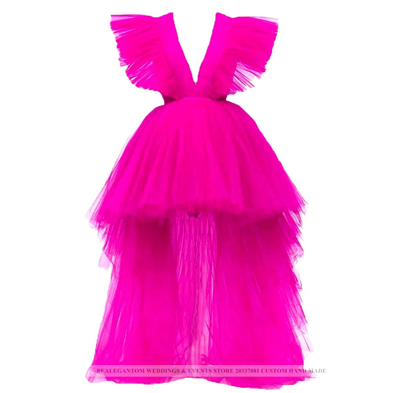 Sexy Deep V-Line Hi-Lo Tulle Formal Evening Dresses With Ruffles Prom Party Gowns BE02