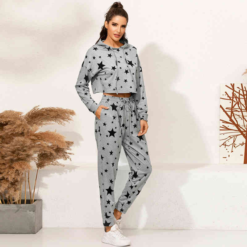 Casual Tracksuit Women 2 Piece Set Female Hooded Sweatshirt And Pants Sportwear Suit print Hoodies Clothes Autumn fitness suit 210515