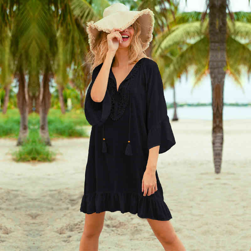 Sexy Bikini Cover-ups White Cotton Tunic Casual V-neck Tassel Summer Beach Dress Plus Size Women Swimsuit Cover Up Q1080 210420
