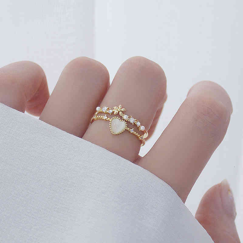 Delicate Cat Eye Zircon Heart Shape Double for Women Flower Pearl Solitaire Ring Bague Daily Date Party Jewelry Accessories