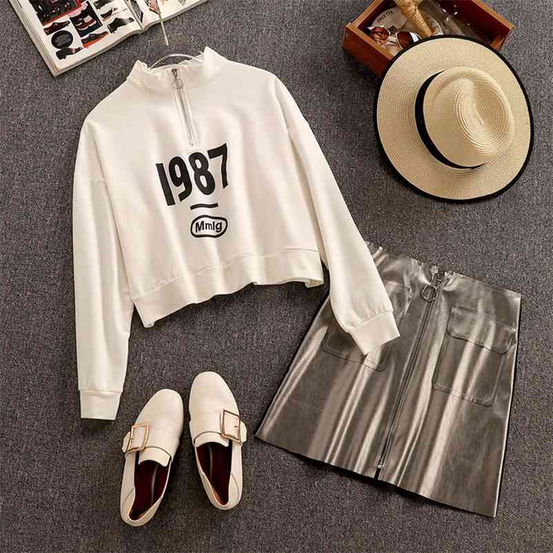 Spring Women Long Sleeves Casual Short Style Tops + PU Zipper Skirt 2 pcs sets Female Fashion Suits A1788 210519, Gray
Spring Women Long Sleeves Casual Short Style Tops + PU Zipper Skirt 2 pcs sets Female Fashion Suits A1788 210519, Gray